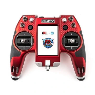 Flysky Elysium EL18 red 2.4GHz RC transmitter with 3.5-inch touch screen, perfect for FPV racing drones.